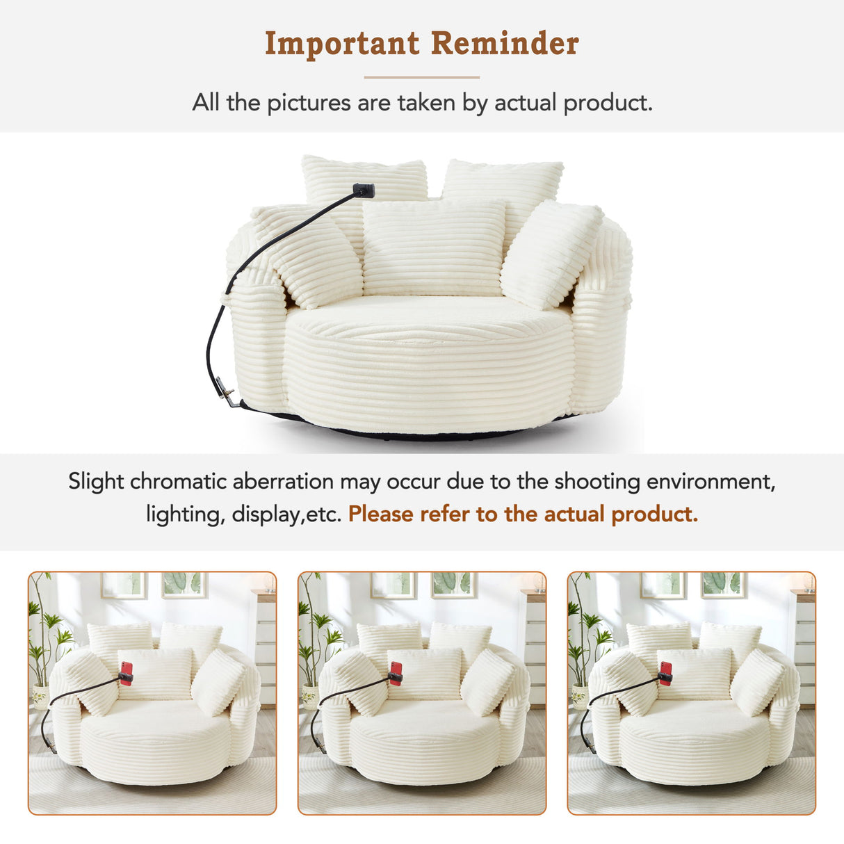 Swivel Accent Barrel Chair With Adjustable Phone Holder, 5 Pillows For Living Room