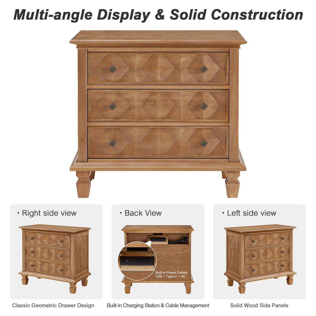 Nightstand With Charging Station, 3 Drawer Bedside Table - Natural Wood