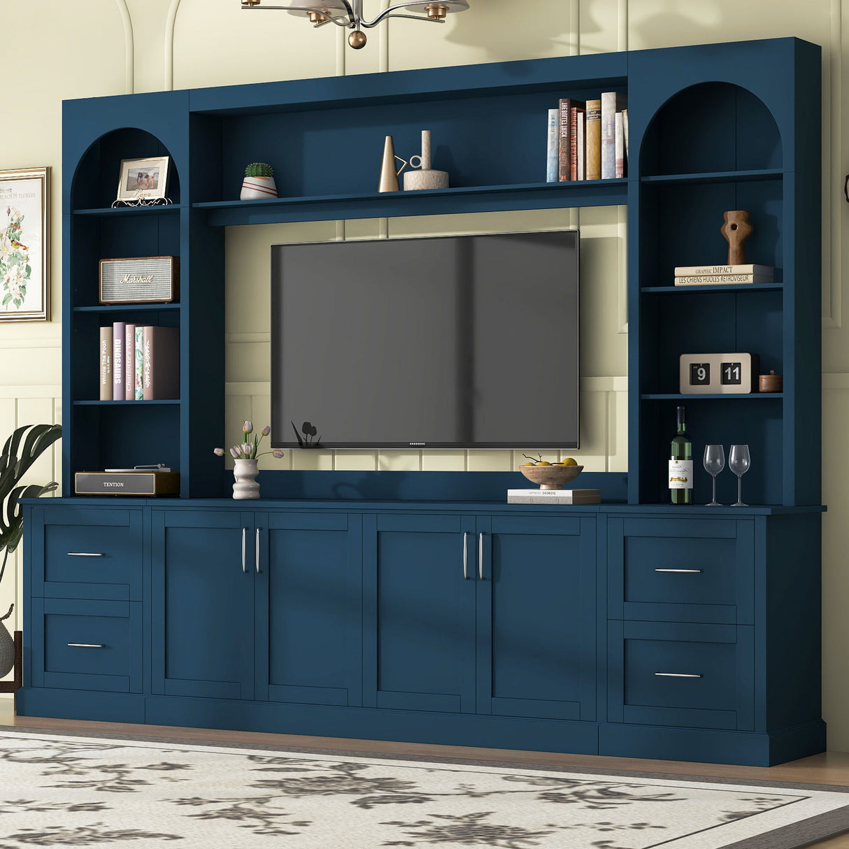 Arched Entertainment Center Wall Unit With Drawers With Adjustable Shelves For Living Room - Blue