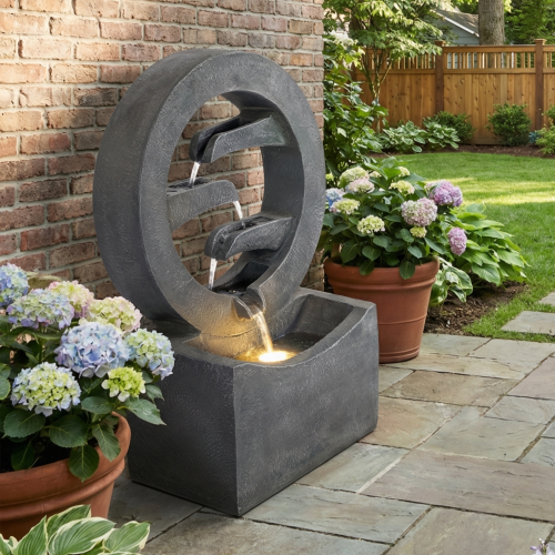 26.77"H Gray Circular Polyresin Outdoor Water Fountain with LED Light, Freestanding Modern Cascading Water Feature for Patio Garden Backyard Decor