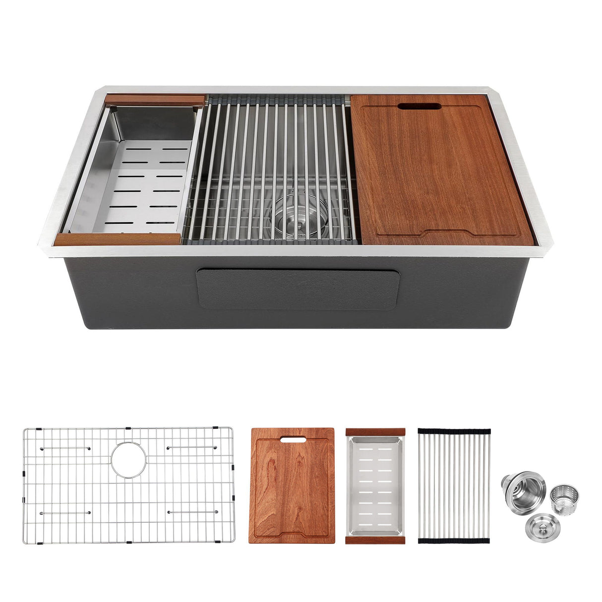 Premium Single Bowl Undermount Workstation Kitchen Sink With Accessories, Finish, 16 Gauge Stainless Steel - Brushed Nickel