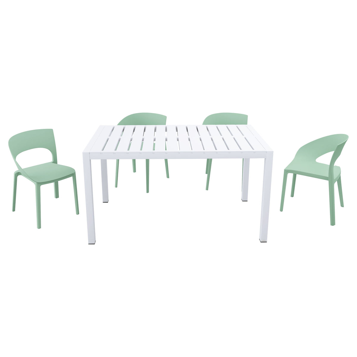 4 Piece Set Of Color Block Designed Single Chairs With Long Table - Haze Green / White