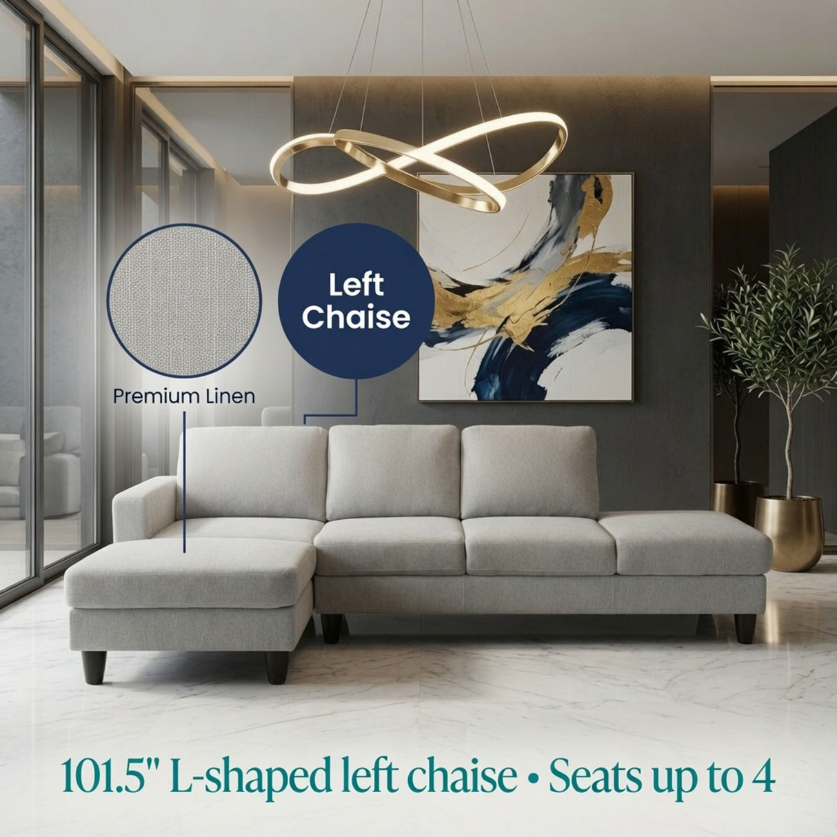 2 Piece L - Shaped Left Chaise Sectional Sofa With Ottoman, Living Room Furniture - White / Gray