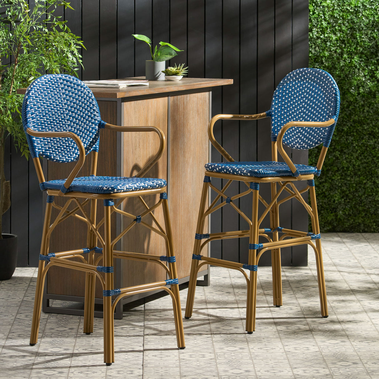 Outdoor Wicker And Aluminum French Barstools (Set of 2)