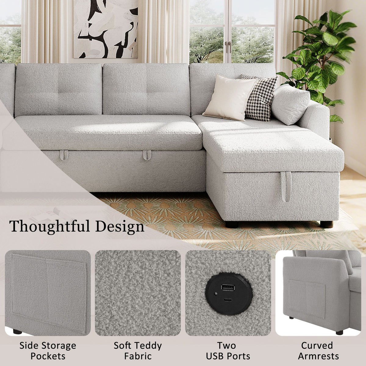 U-Shaped Sectional Sofa Bed With Storage And USB Ports