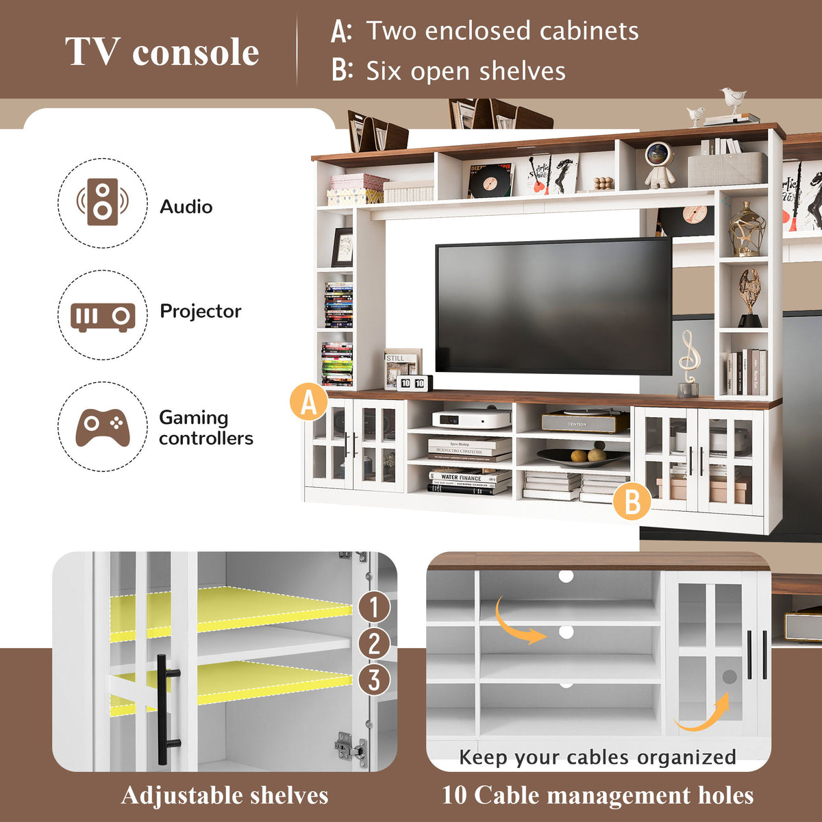 Wall Unit Entertainment Center With Bookshelves For TVs Up To 80", Tempered Glass Doors And Adjustable Shelves