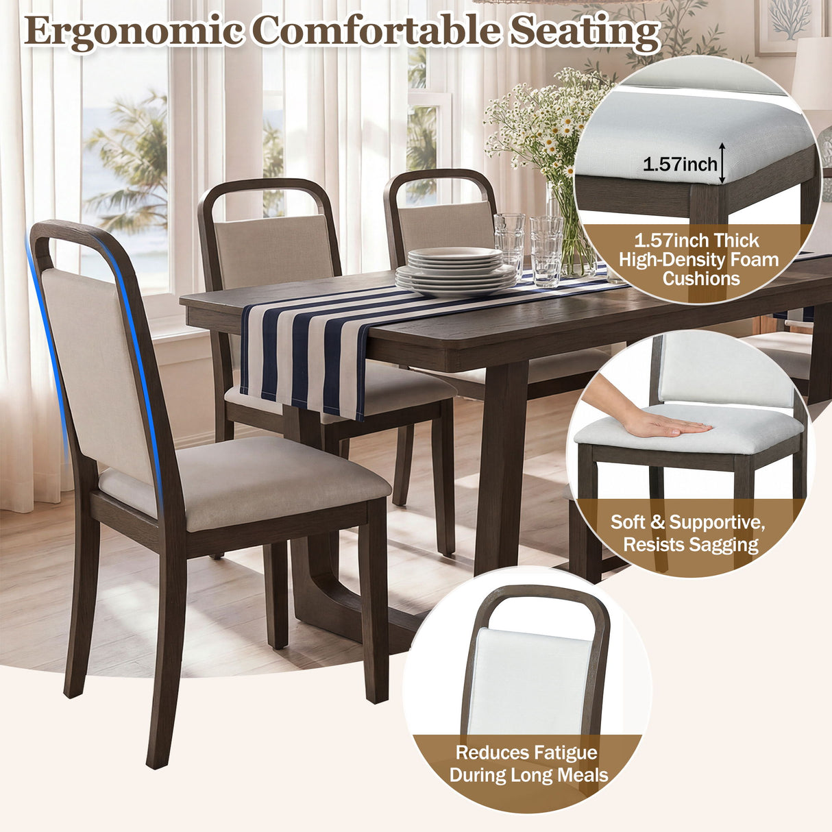 Farmhouse Dining Set With 4 Upholstered Chairs & 1 Bench