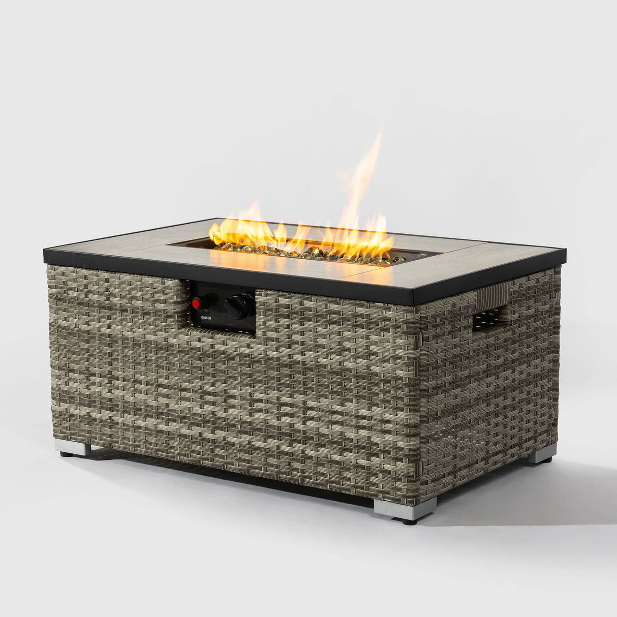 Propane Gas Fire Pit Table With Propane Tank Cover, 50000 Btu, Rectangular For Outside - Beige