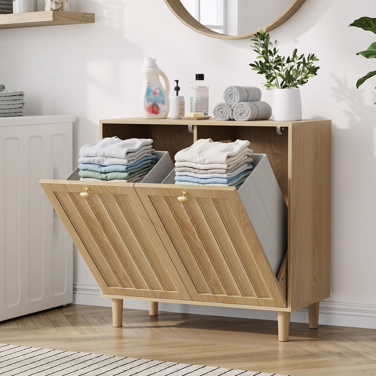 Sloping Laundry Basket With Removable Inner Bin, Concealed Storage Cabinet For Bathroom - Oak