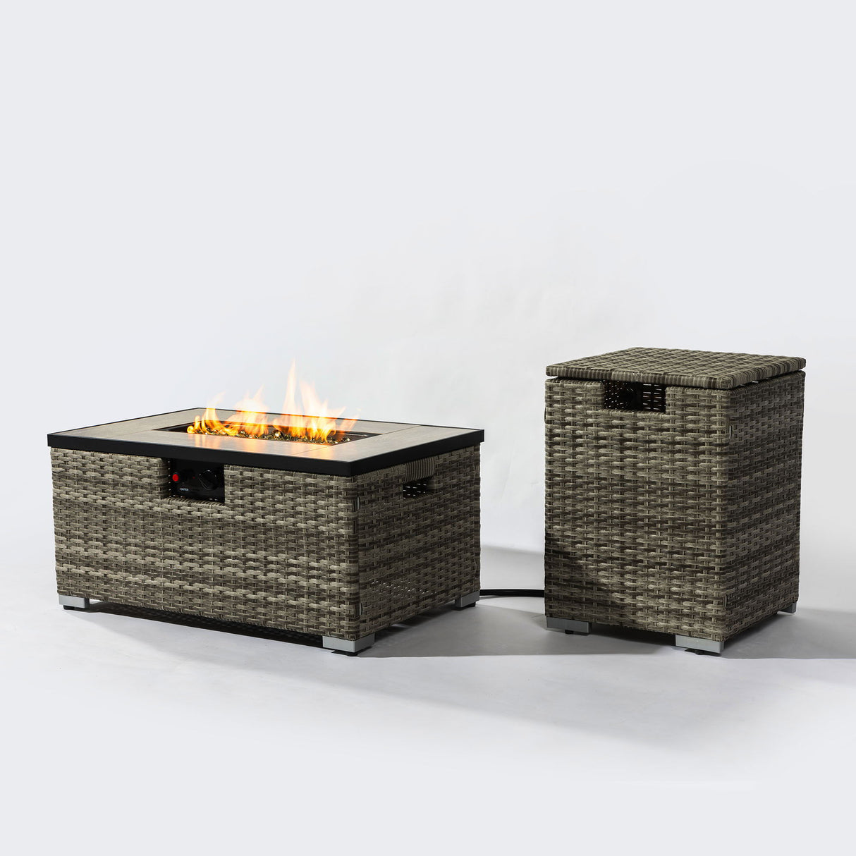 Propane Gas Fire Pit Table With Propane Tank Cover, 50000 Btu, Rectangular For Outside - Beige