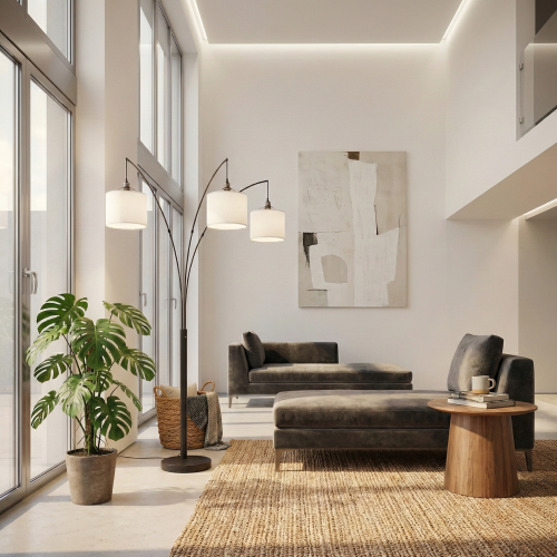 Royal 3-Arm Metal Arc Floor Lamp, Oil Rubbed Bonze with Linen Shade, 4 way Rotary Switch