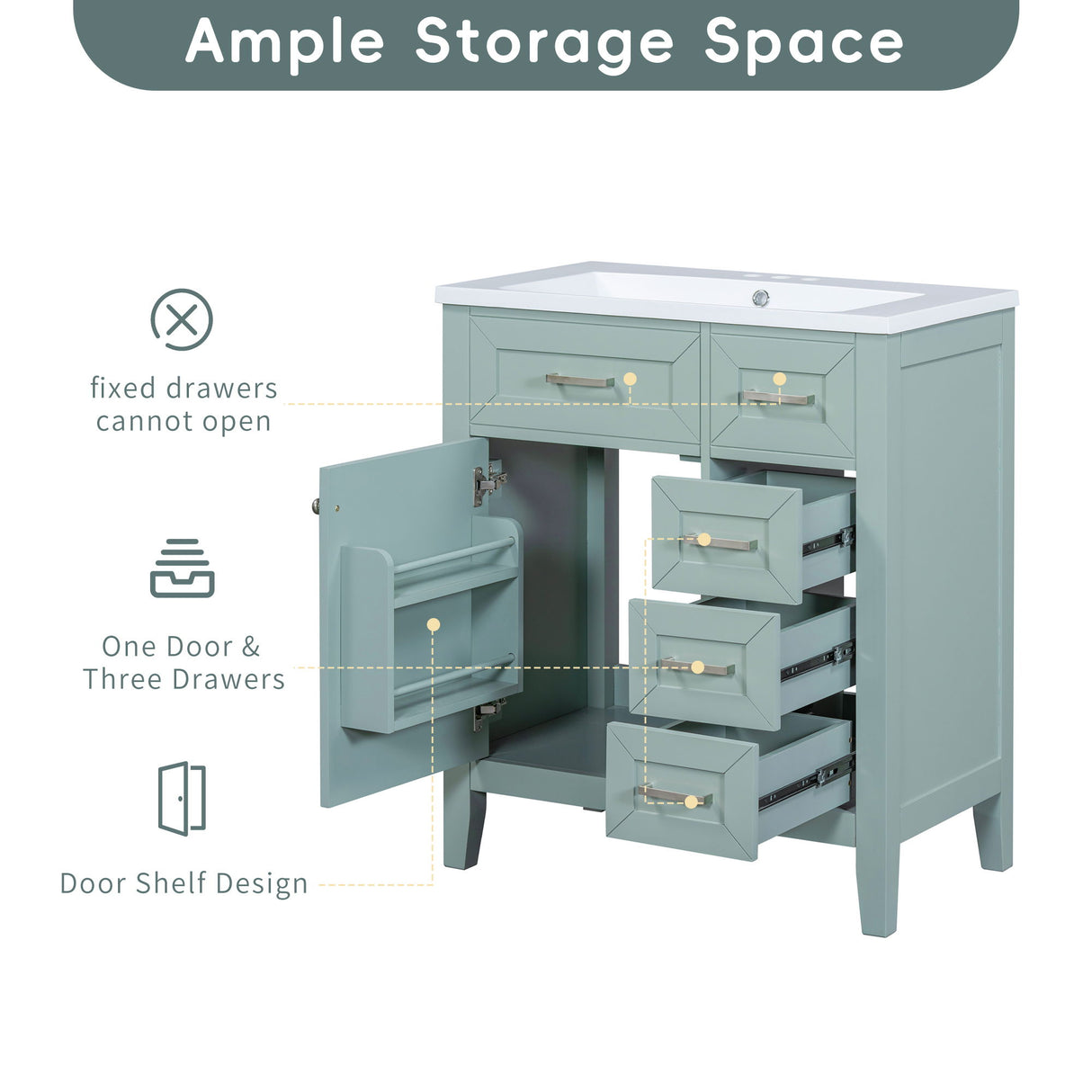 Modern Bathroom Vanity With Sink Combo, 3 Drawers, Undermount Drop-In Sink