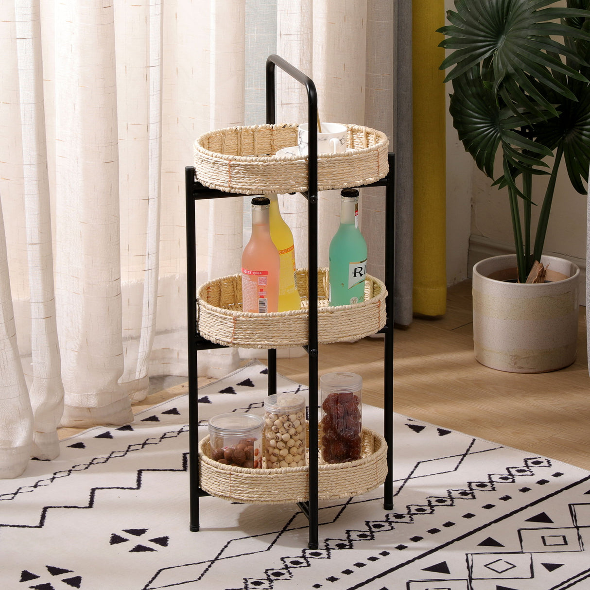 Modern 3 Tier Handwoven Side Table With Oval Organizer