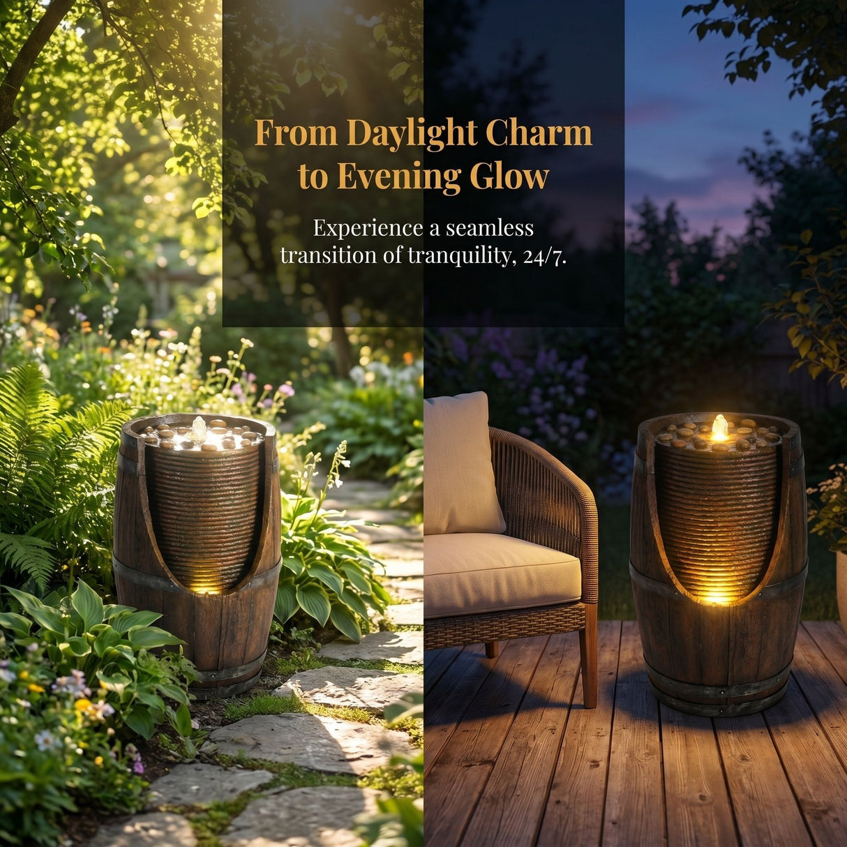 Rustic Barrel Water Fountain With LED Light