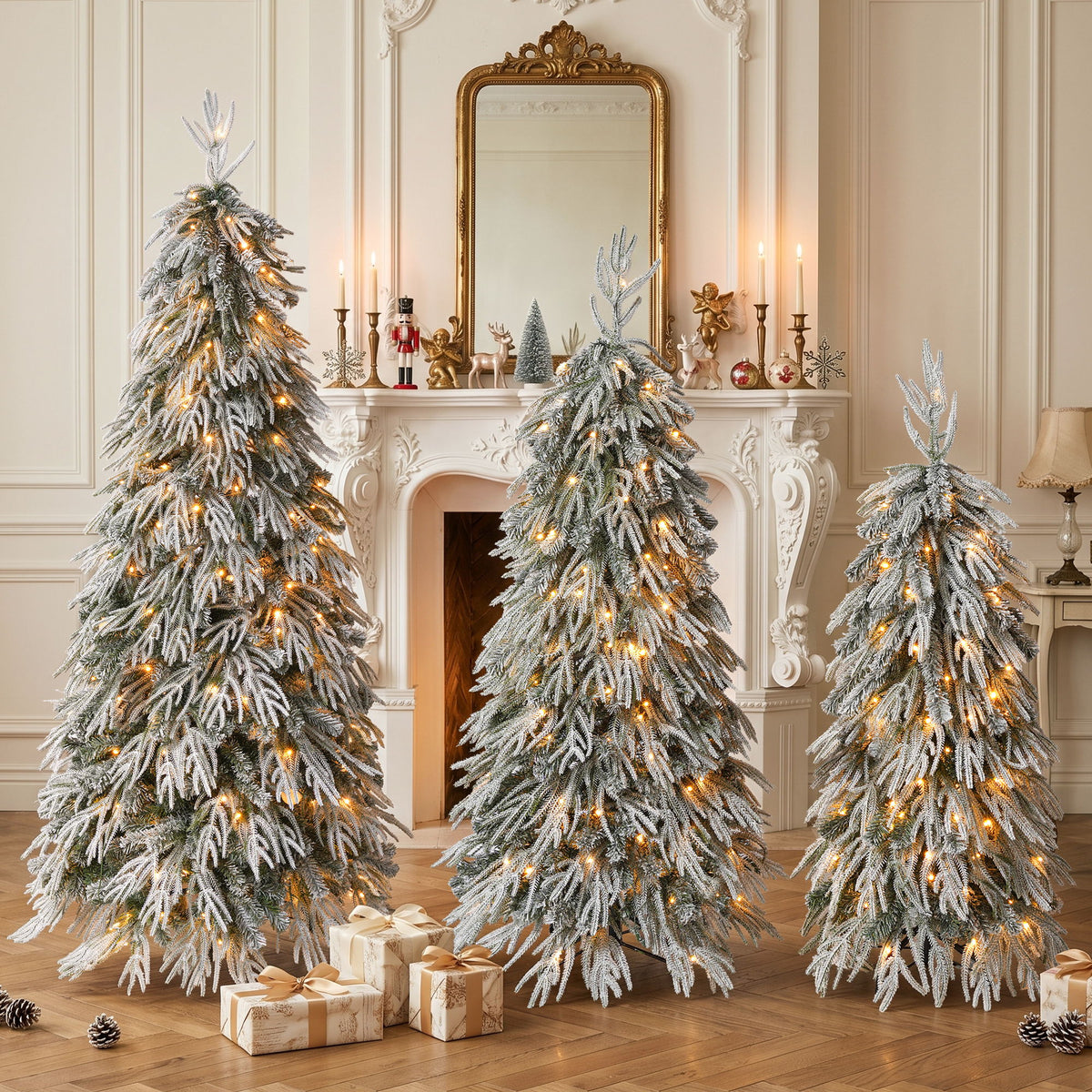 Snowy Cascading Christmas Trees 3 Piece Set With Warm LED Lighting, Flocked Weeping Branches, Multi Level Indoor Decor - Green