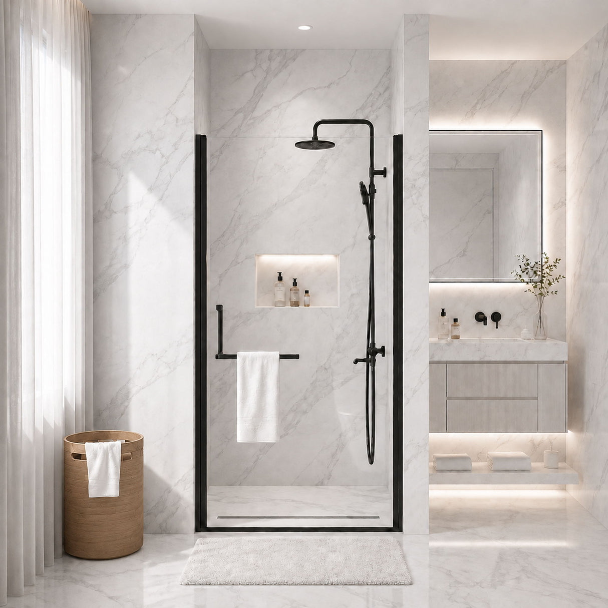 Semi-Frameless Pivot Shower Door With Adjustable Width, Reversible Installation