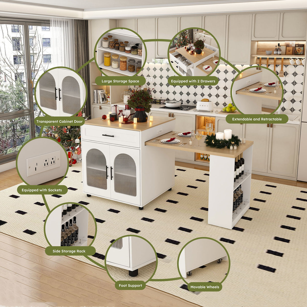 Expandable Kitchen Island With Dining Table - White