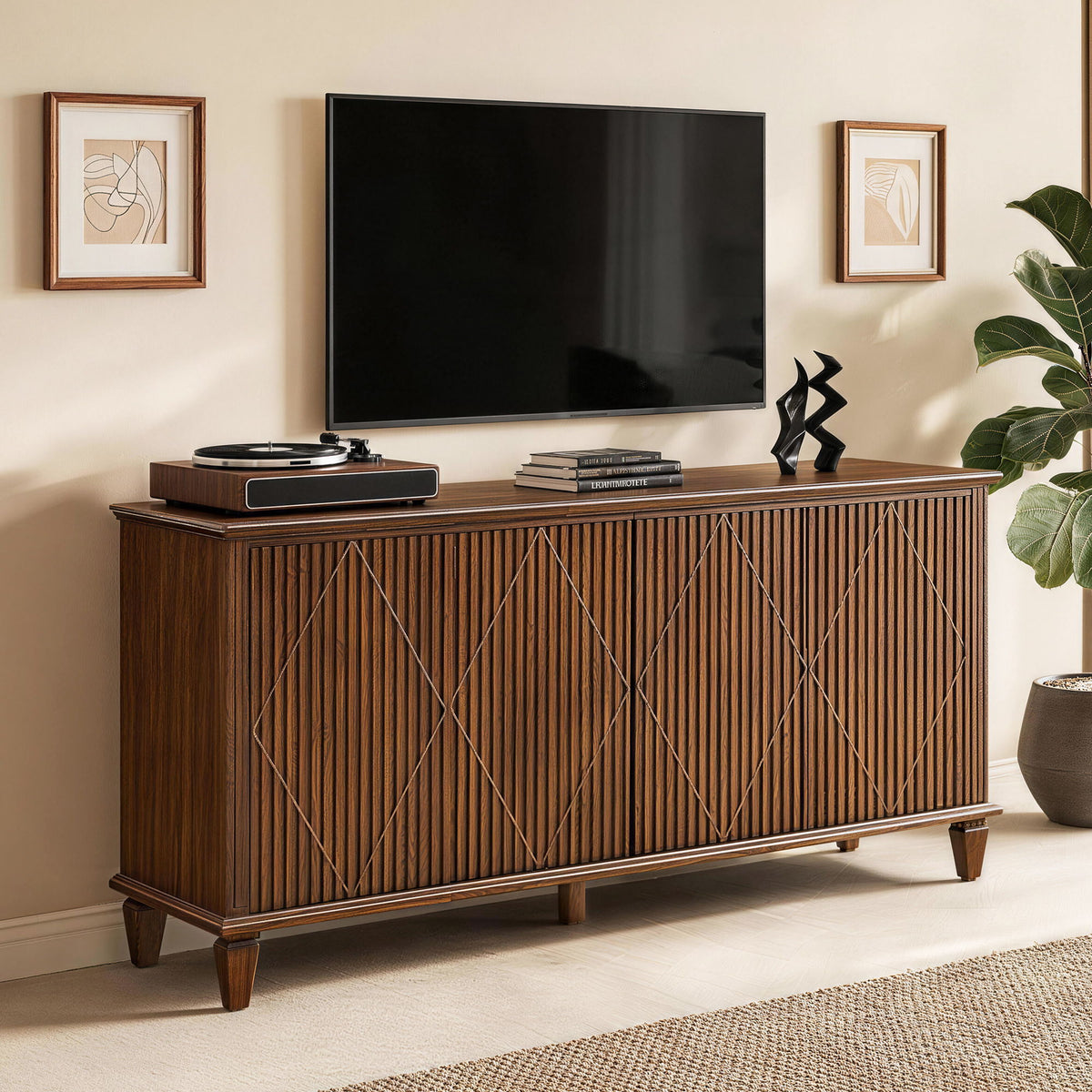 TV Stand With Carved Geometric Doors, Storage Cabinet For Living Room - Walnut