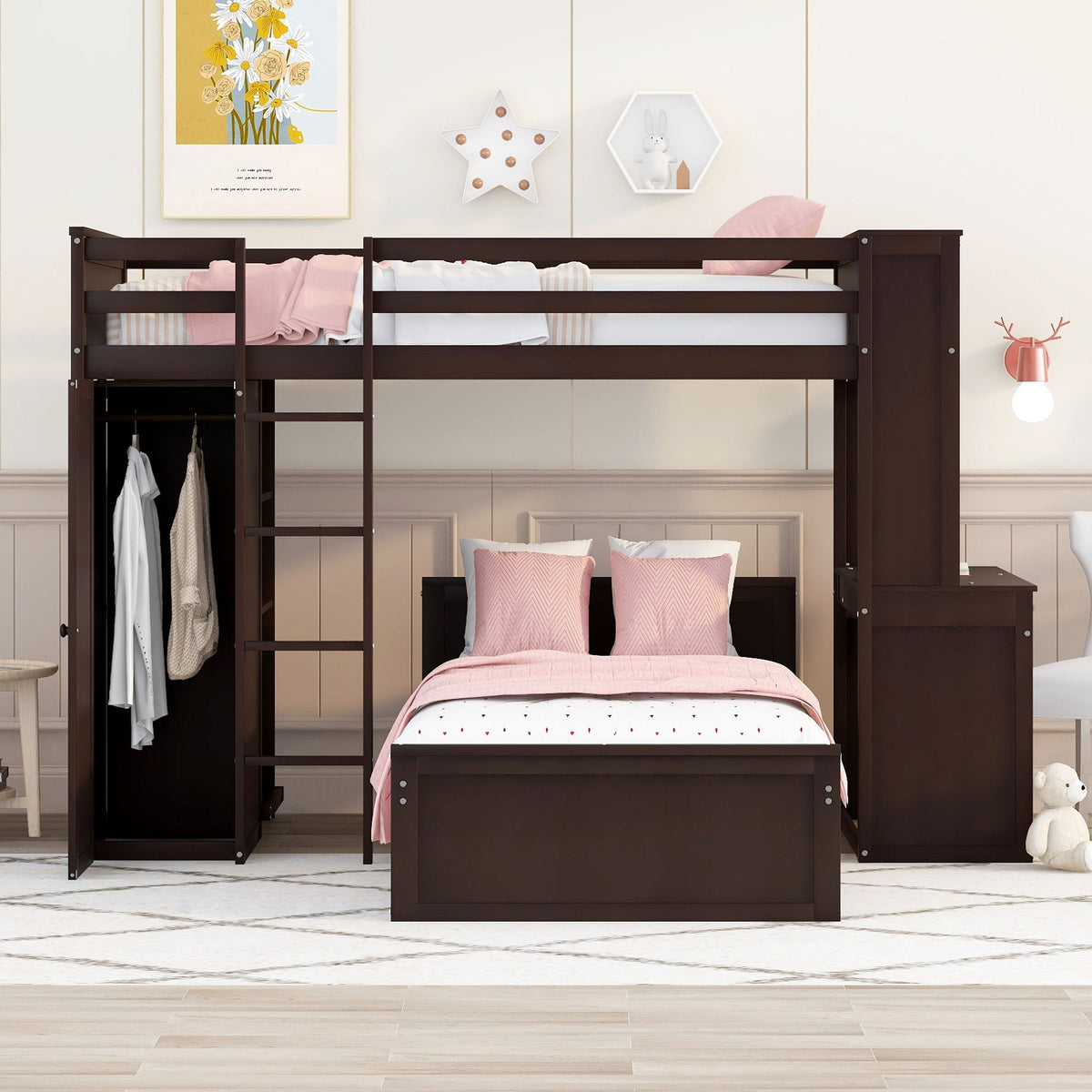 Loft Bed With A Stand Alone Bed, Shelves, Desk, And Wardrobe