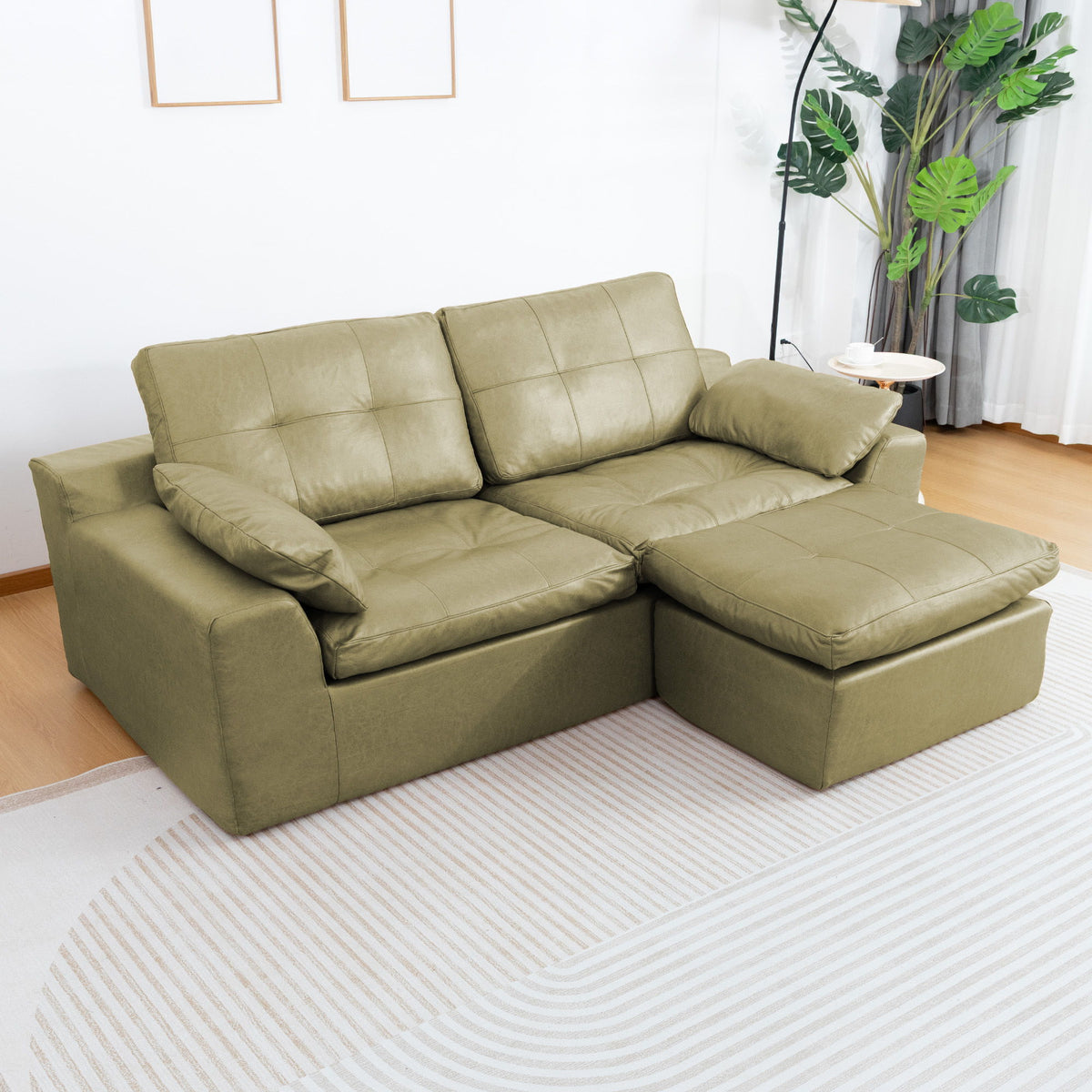 L - Shaped Modular 2 Seater Sofa With Movable Ottoman And High Density Sponge Cushions For Living Room
