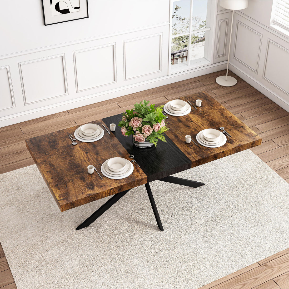Retro Rectangular Stretch Dining Table With Embossed Center Plate