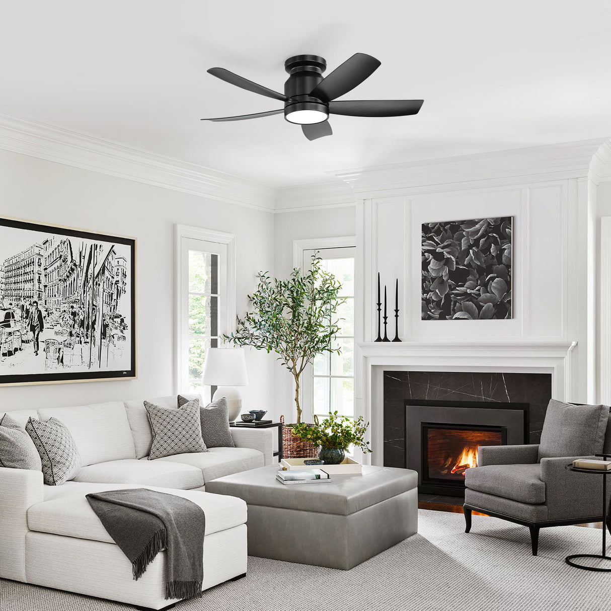 Flush Mount Ceiling Fan With 18W LED Light And Remote Control Blades - Black