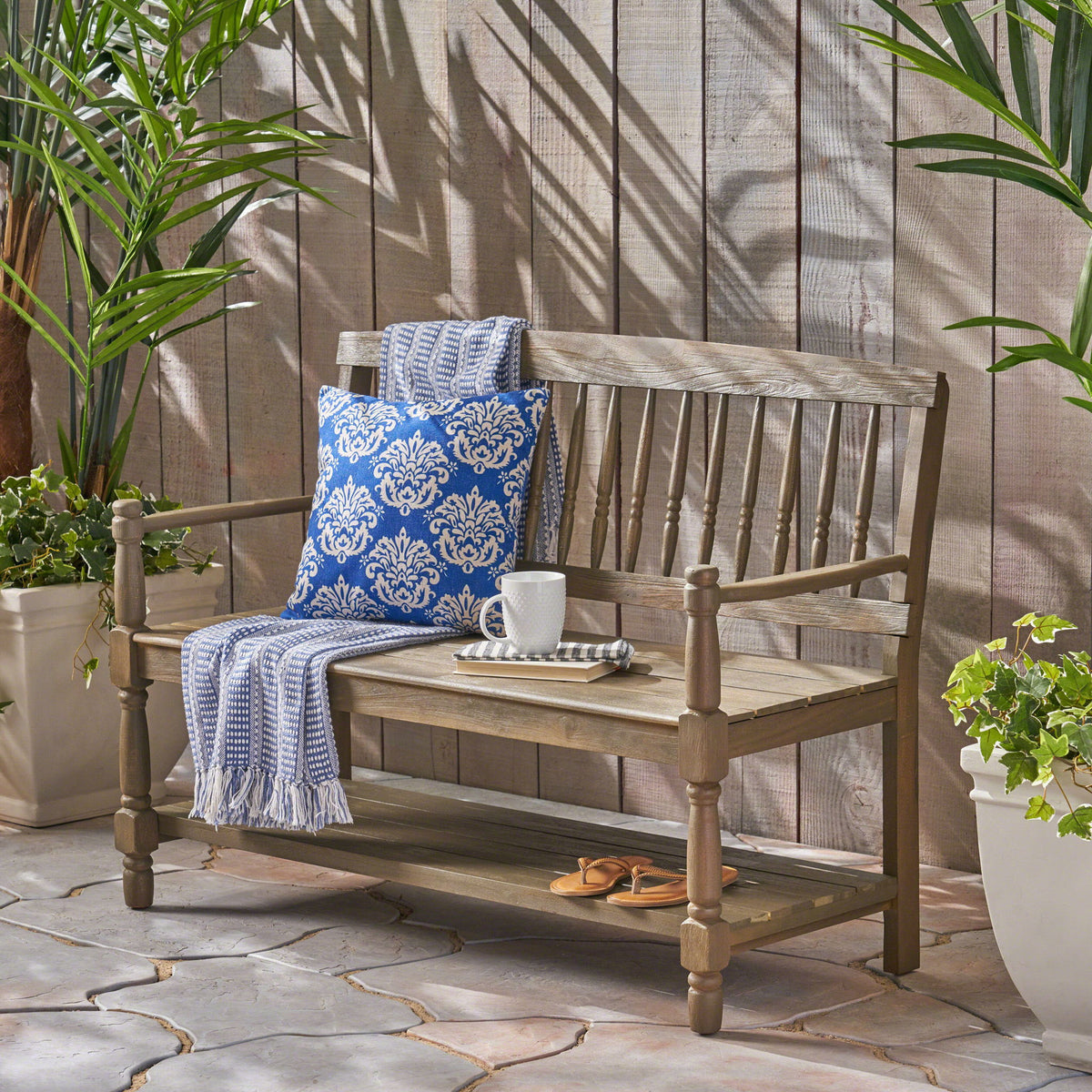 Imperial Slatted Bench With Built In Shelf - Gray