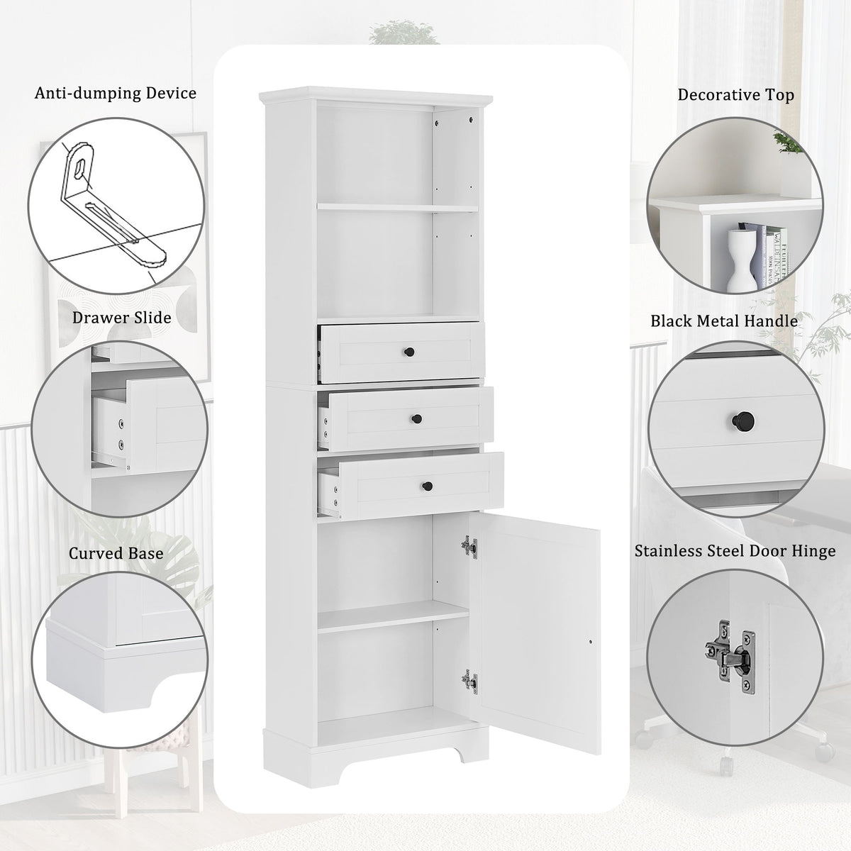 Tall Storage Cabinet With 3 Drawers And Adjustable Shelves For Bathroom