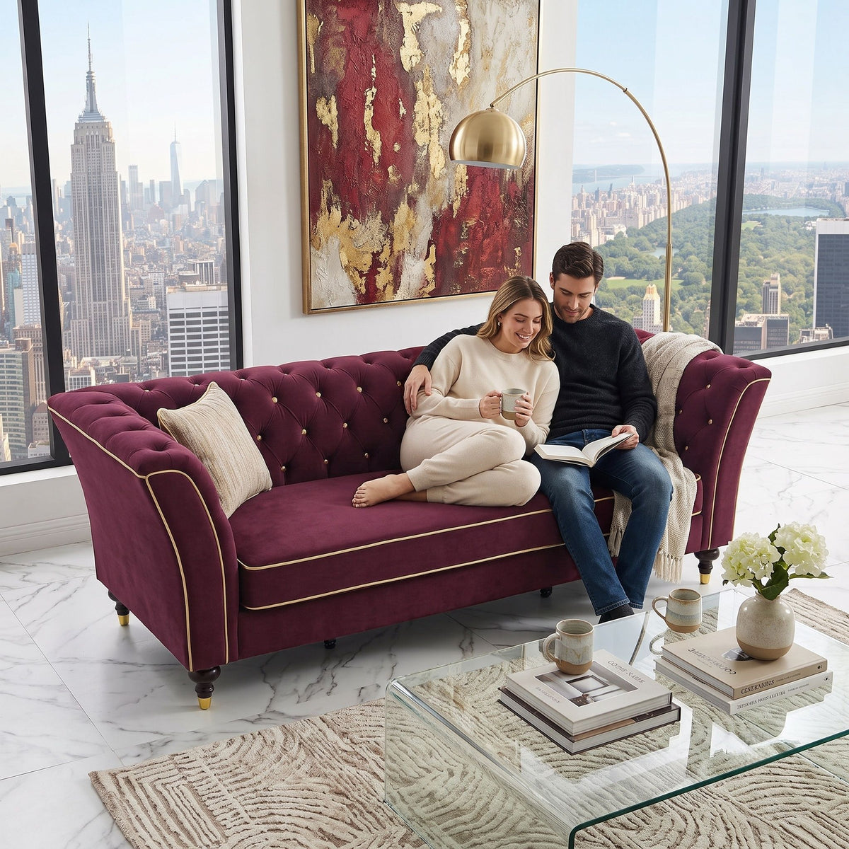 3 Person Sofa With Deep Seat, Tufted Backrest