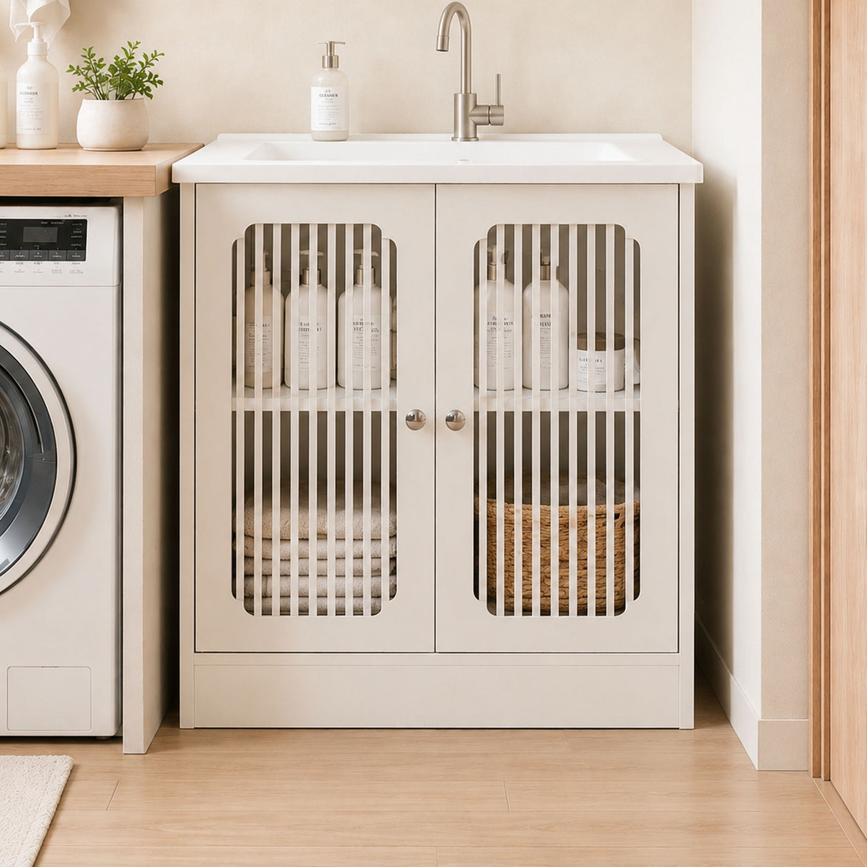 Louvered Double Door Floor Standing Bathroom Vanity Cabinet With Adjustable Shelf - White