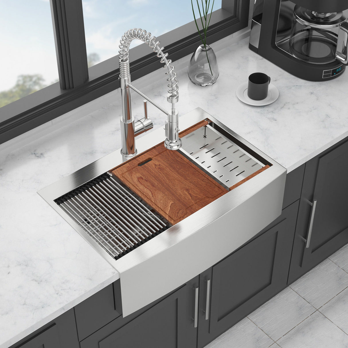 Modern Farmhouse 36" Stainless Steel Drop In Workstation Kitchen Sink With Apron Front - Brushed Nickel