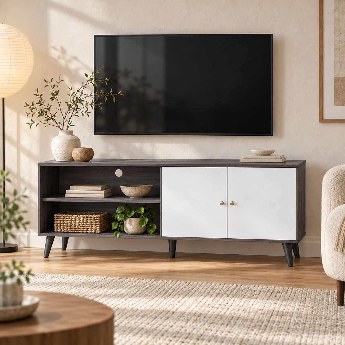 Amidon - TV Stand, With 2 Storage Shelves And 1 Cabinet