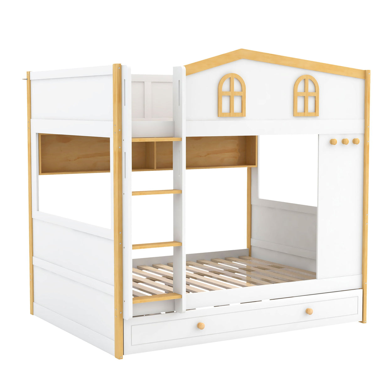 Full Over Full Bunk Bed With Storage Shelves And Trundle - White / Natural