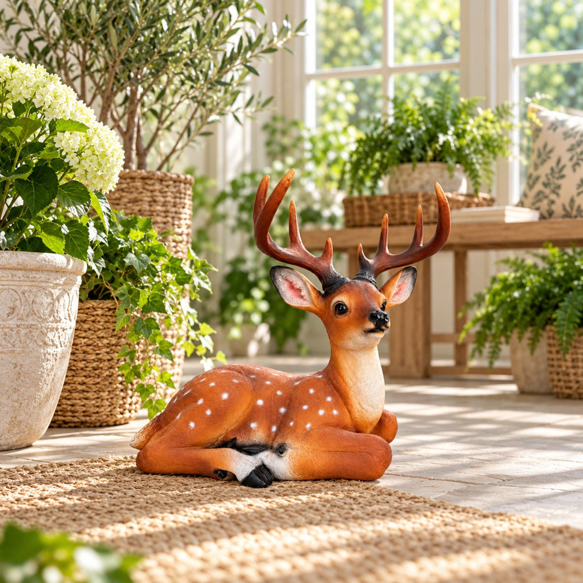 Lying Deer Garden Statue, Buck Sculpture With Detachable Antlers For Outdoor Decor - Brown