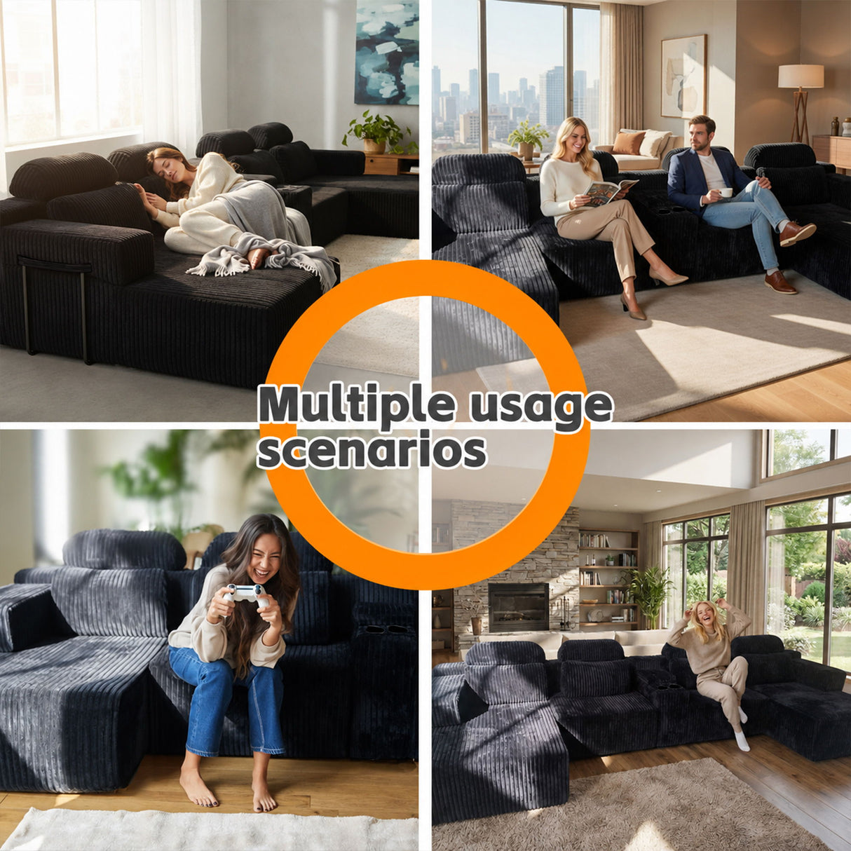 U-Shaped Sectional Sofa With Chaise Lounge And Cup Holders