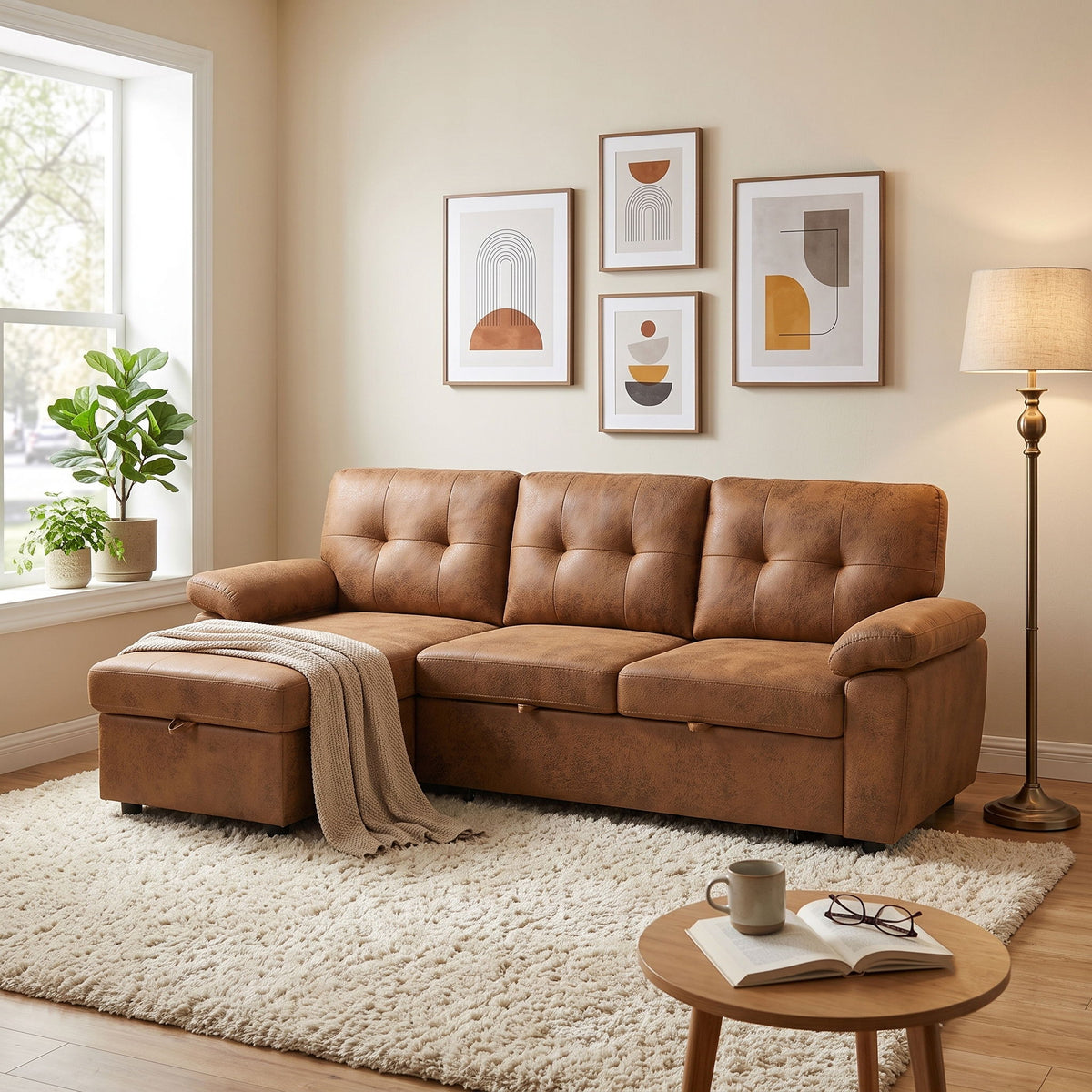Convertible Sectional Sofa Bed With Pull Out Sleeper And Storage