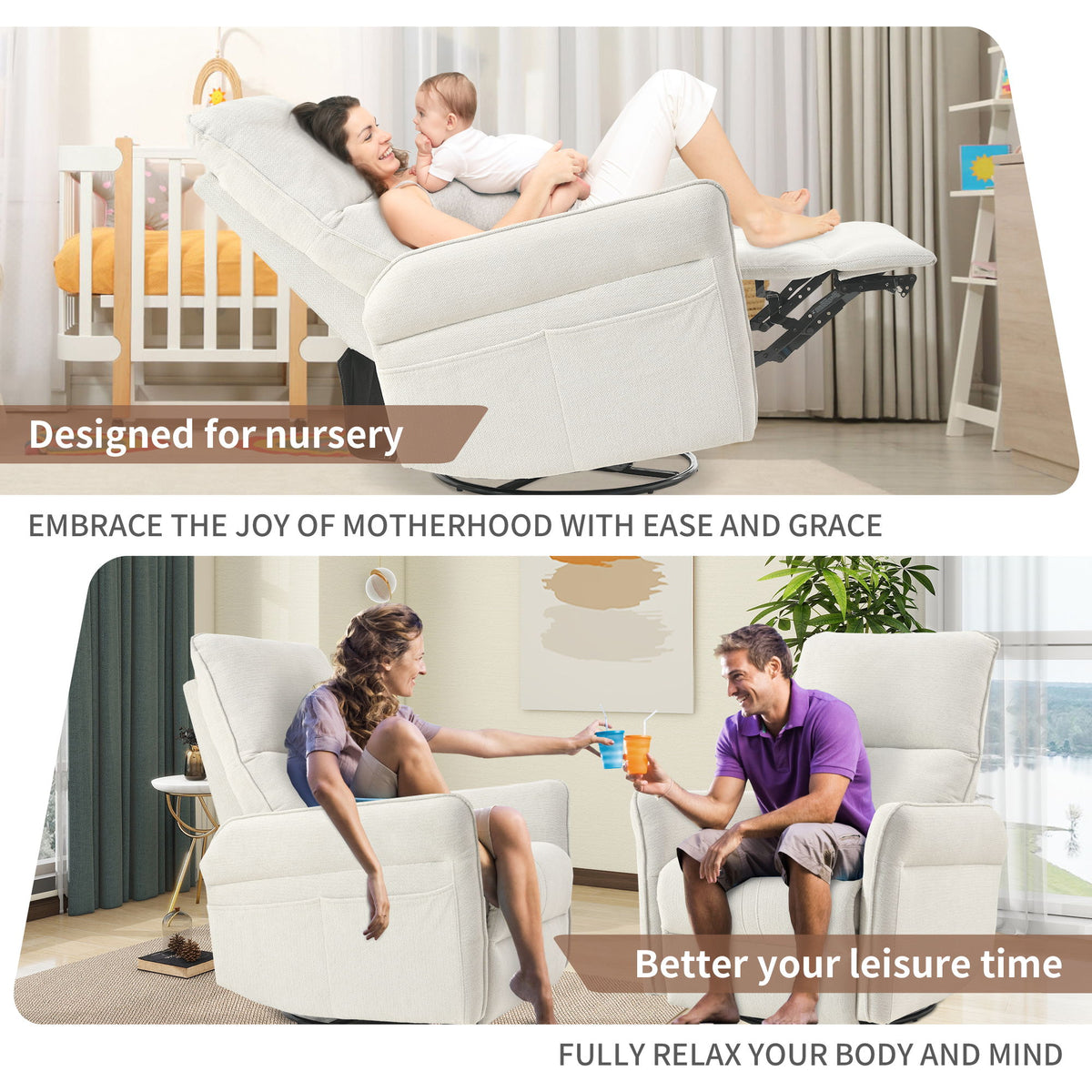 360° Swivel Rocker Recliner Chair, Swive Nursery Rocking Chair With Pull Ring, Glide Chair For Livin Room - Gray