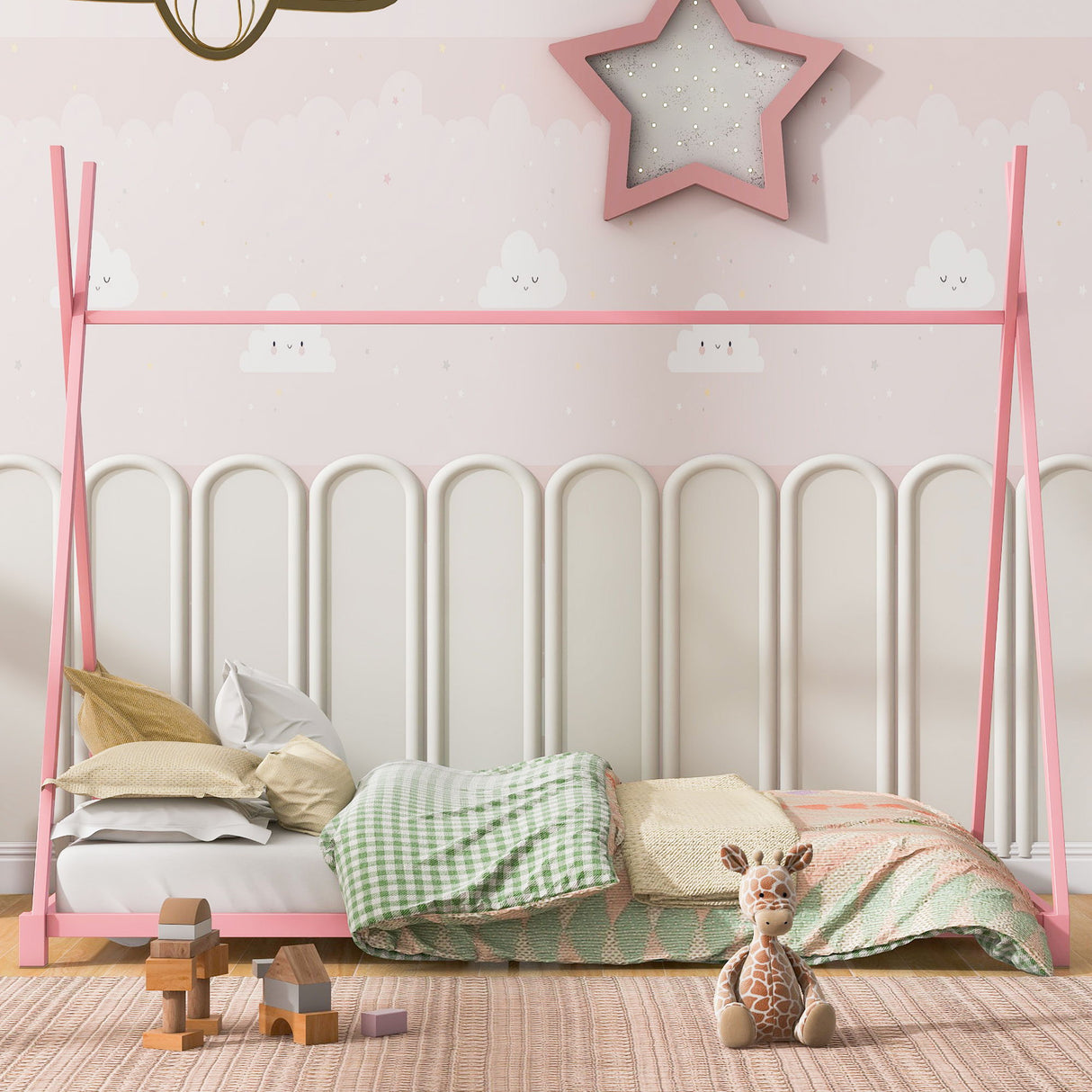 Metal House Platform Bed With Triangle Structure, Low Profile Design