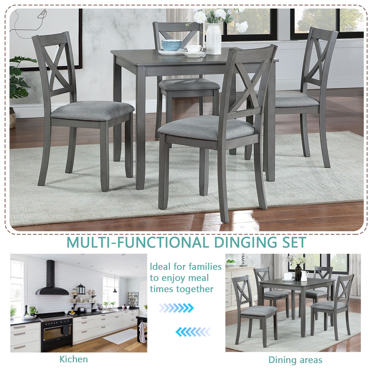 5 Piece Dining Table Set With 4 Chairs For Kitchen - Gray