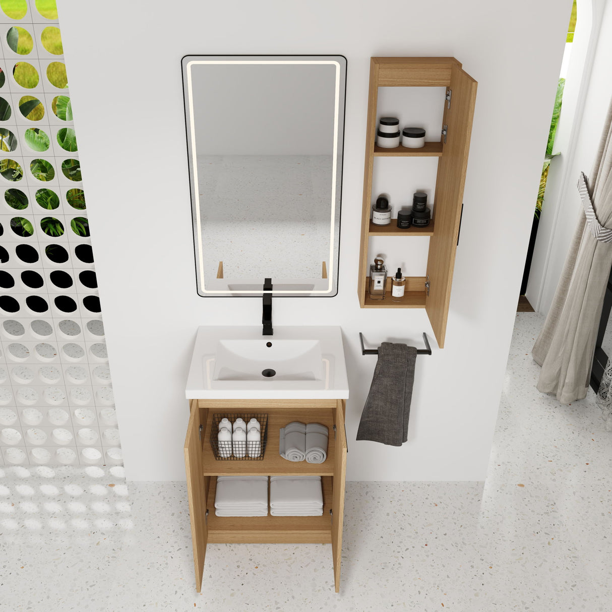 Freestanding Bathroom Vanity Set With Tall Linen Cabinet, Single Sink, Extra Storage, Soft Close Doors - Glossy White / Light Oak