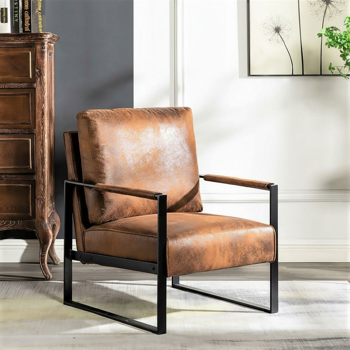 Classic Mid Century Modern Accent Chair With Durable Square Metal Frame, Armchair