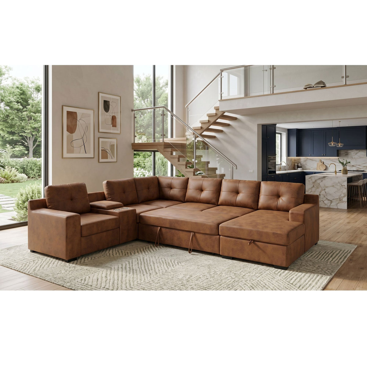 U - Shape Sectional Pull Out Bed With Console, Storage, And USB Charging