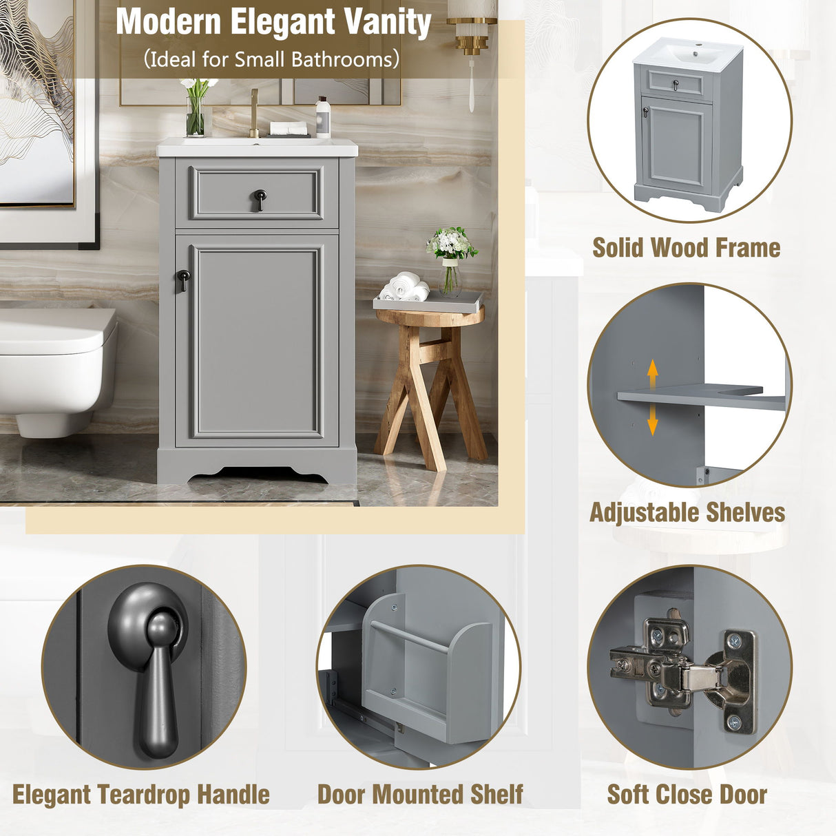 Elegant Bathroom Vanity With Ceramic Sink, Soft Close Door, Adjustable Shelf