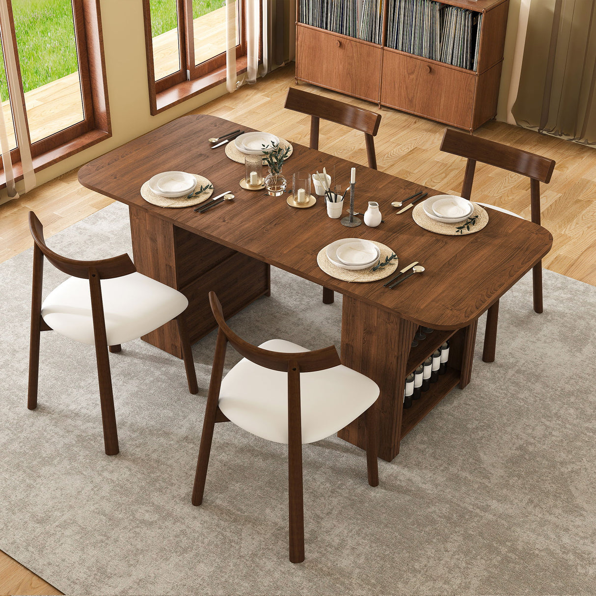 Dining Set With 4 Chairs, Table With Drawers & Open Shelf - Walnut
