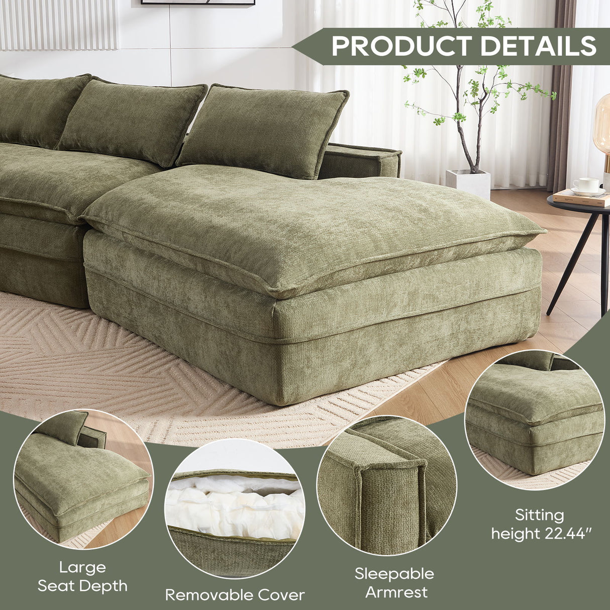 Modern Minimalist Modular Sectional Sofa With Deep Seats And Right Facing Chaise