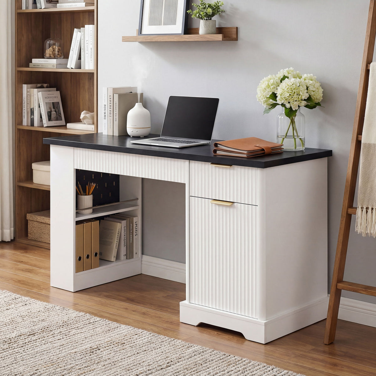 Fluted Office Desk With Storage Cabinet, Drawers, Power Outlet, Pegboard & Keyboard Tray - White