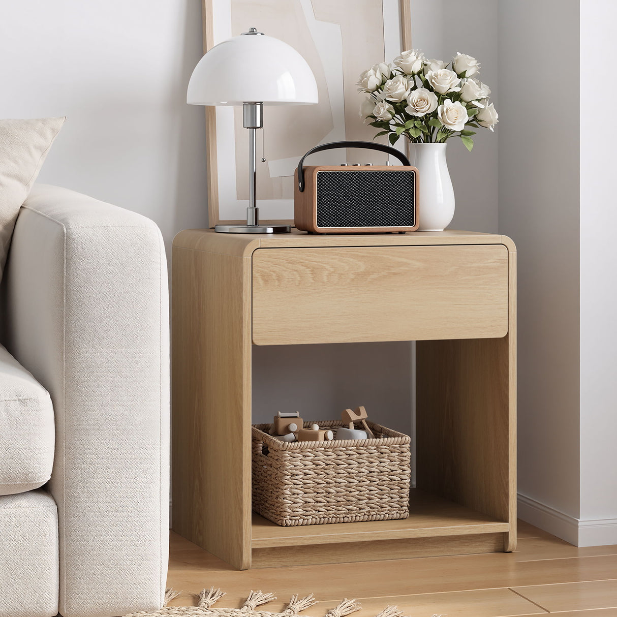 Bedside Table Set With Storage Drawers And Open Shelves, Compact With Rounded Corners (Set of 2) - Oak