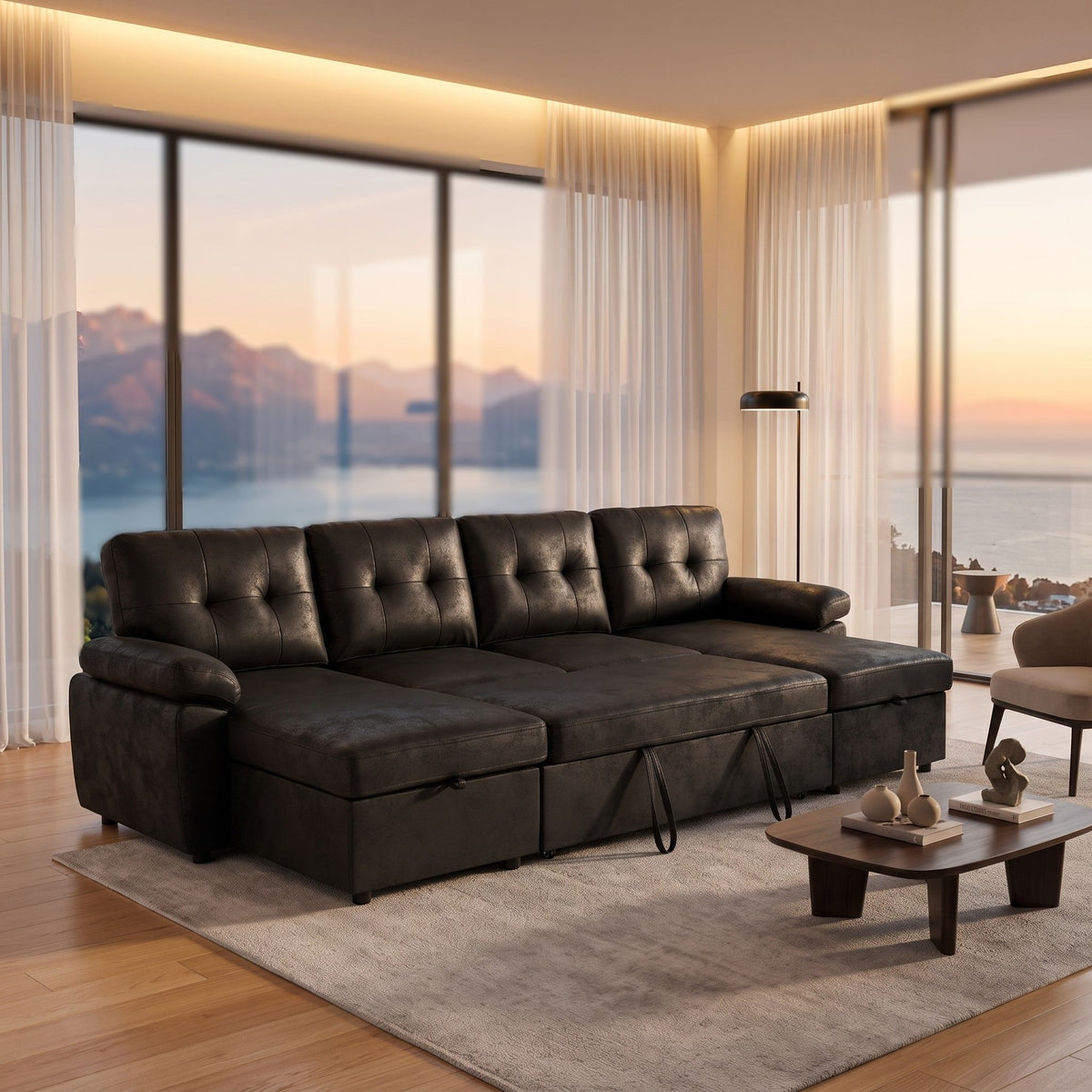 Convertible Sectional Sofa Bed With Pull Out Sleeper And Storage