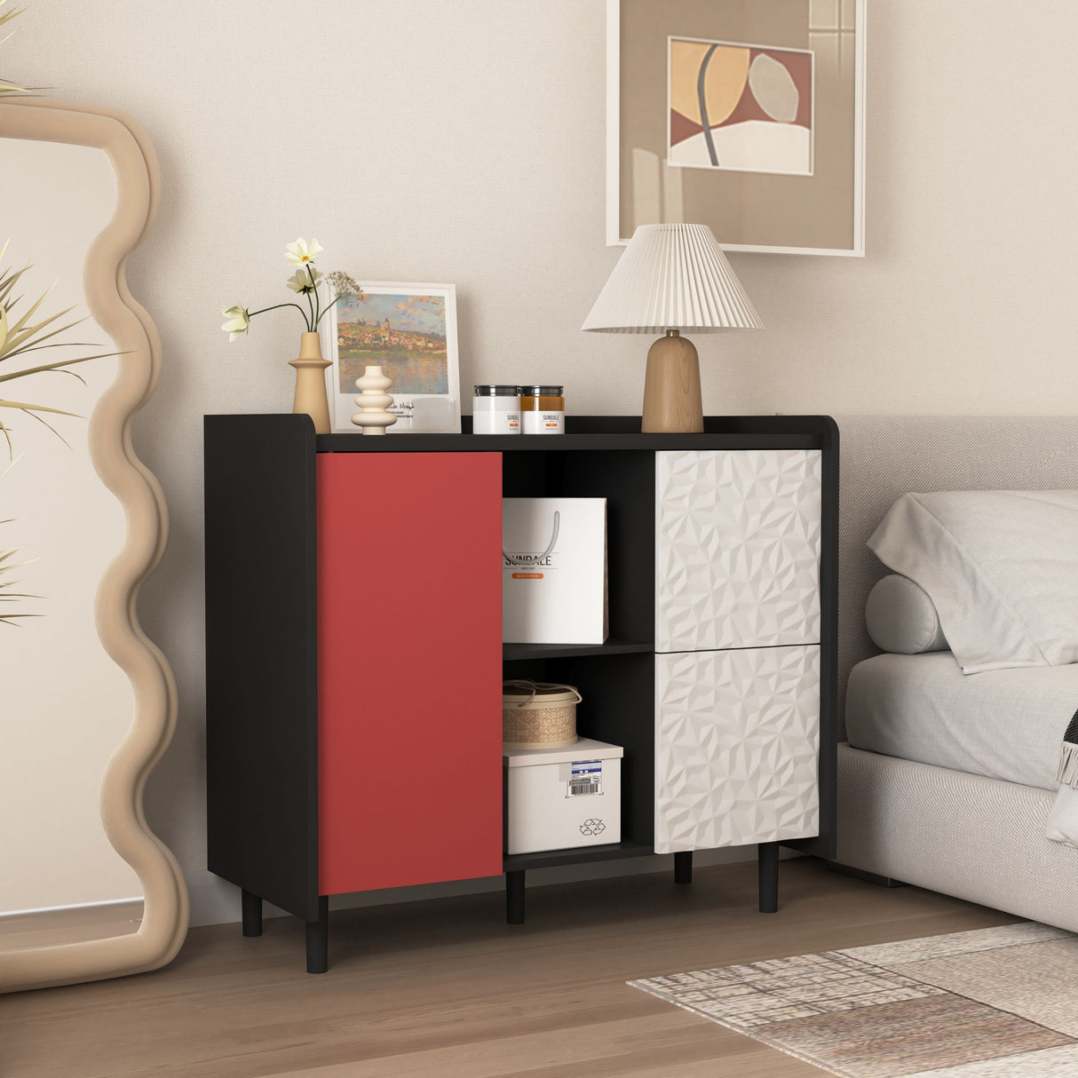 Sideboard Buffet Cabinet with Unique Panel Styling Wood Storage Drawers