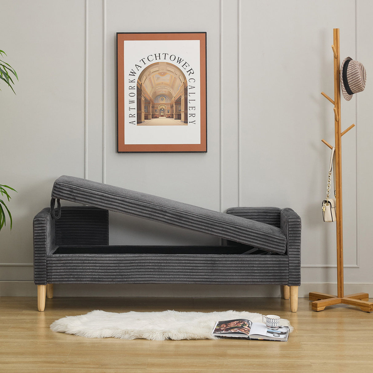 Upholstered Flip Top Storage Bench, Armrests & Backrest For Bedroom - Charcoal